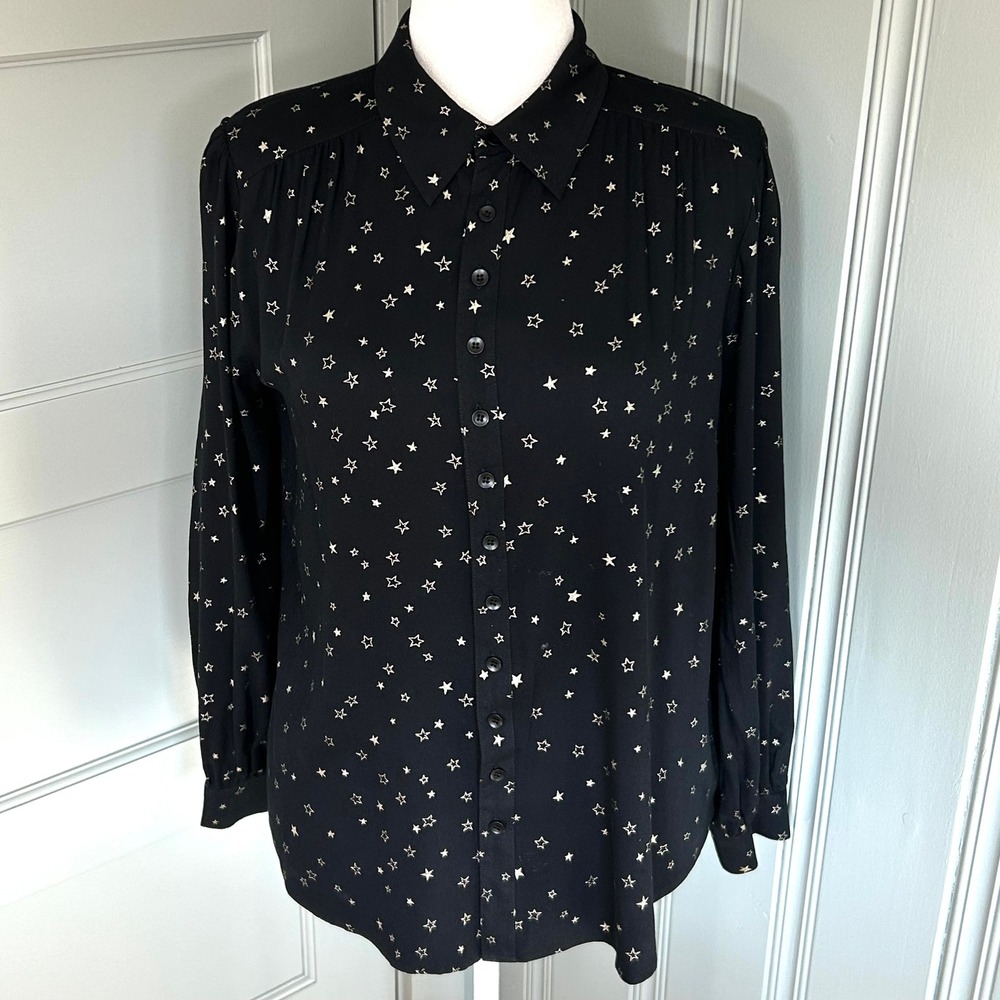 Knot Sisters Black Star Print Button Down Long Sleeve Blouse Top Medium